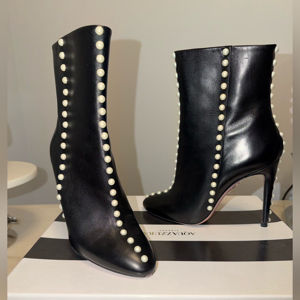 Aquazzura Black Leather and White Pearl Studded Heeled Booties